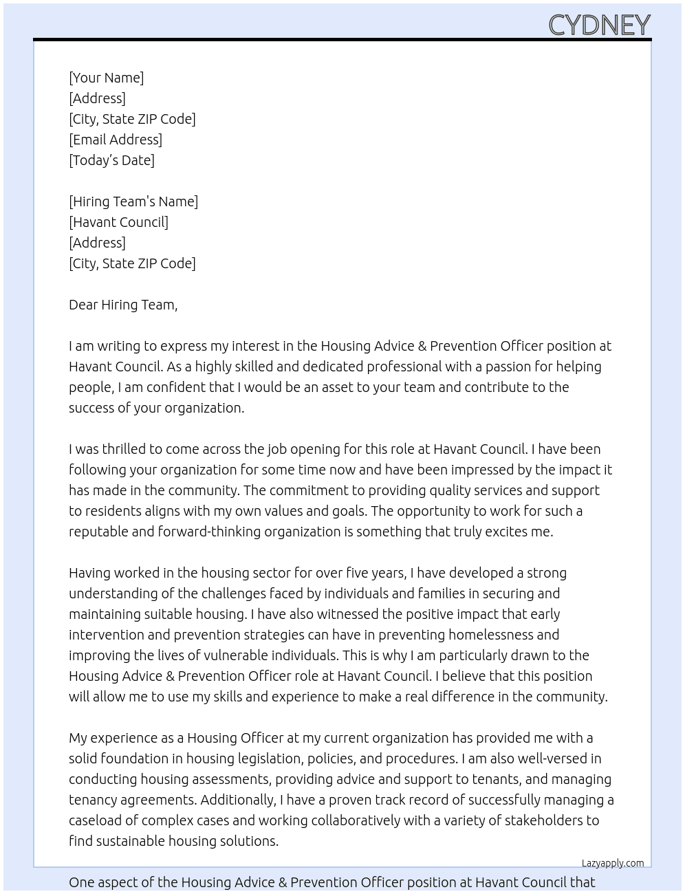 Housing Advice & Prevention Officer At Havant Council Cover Letter