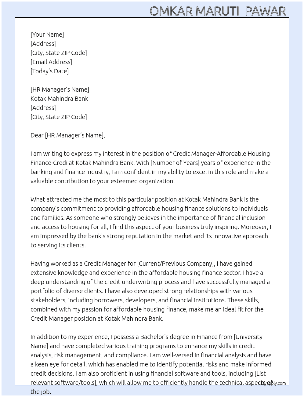 Cover letter for credit manager-affordable housing finance-credi - LazyApply