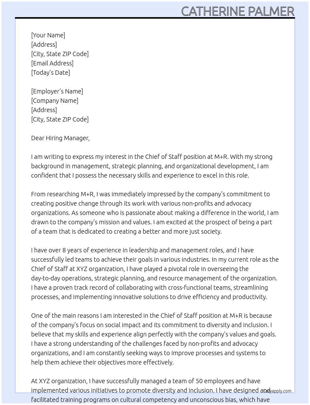 Chief of Staff  At M+R Cover Letter
