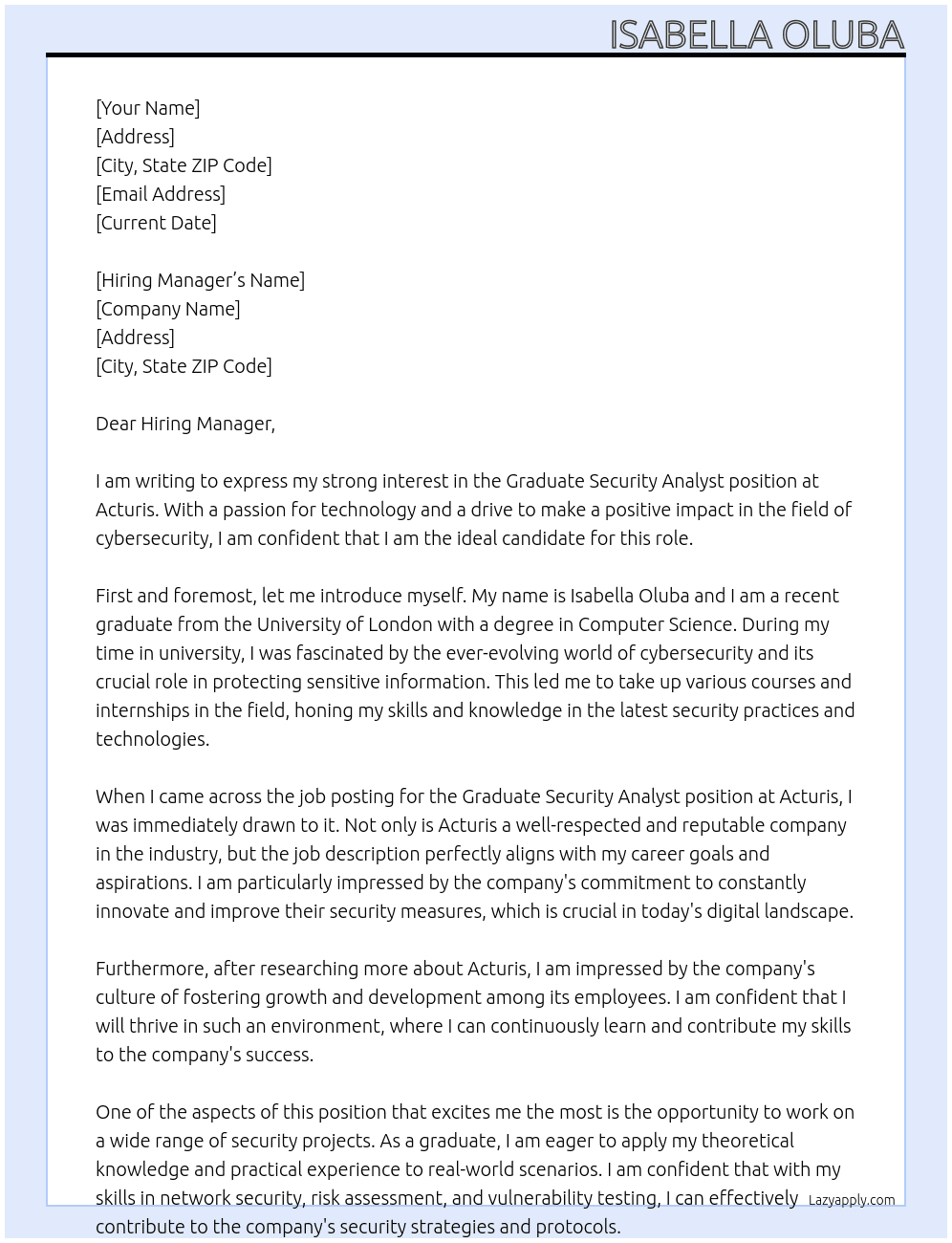 Graduate Security Analyst At Acturis Cover Letter
