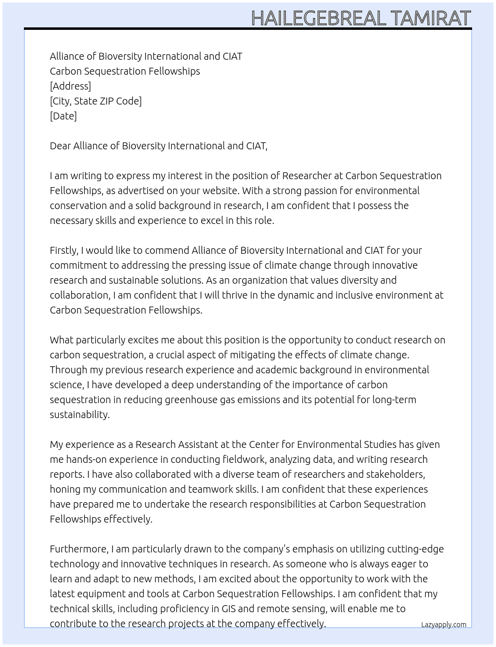 Researcher  At Carbon Sequestration Fellowships Cover Letter