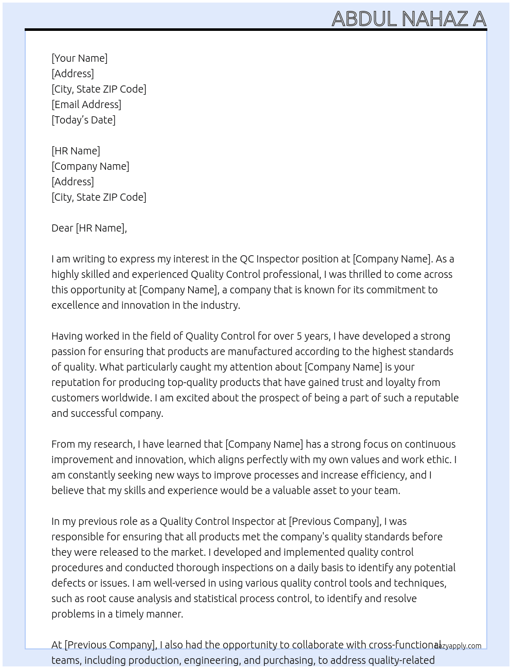 qc inspector At X Cover Letter