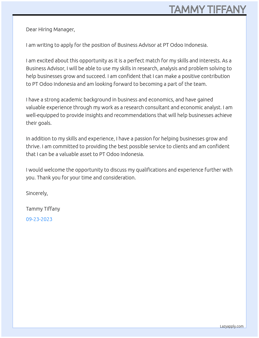 Business Advisor At PT Odoo Indonesia Cover Letter