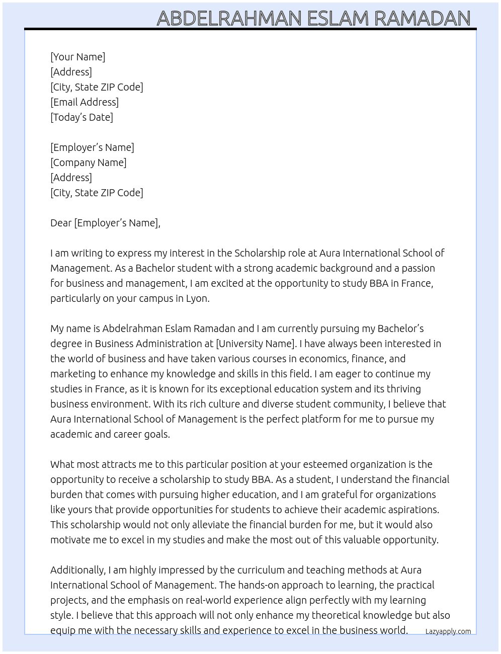 Bachelor student  At Aura international school of management  Cover Letter