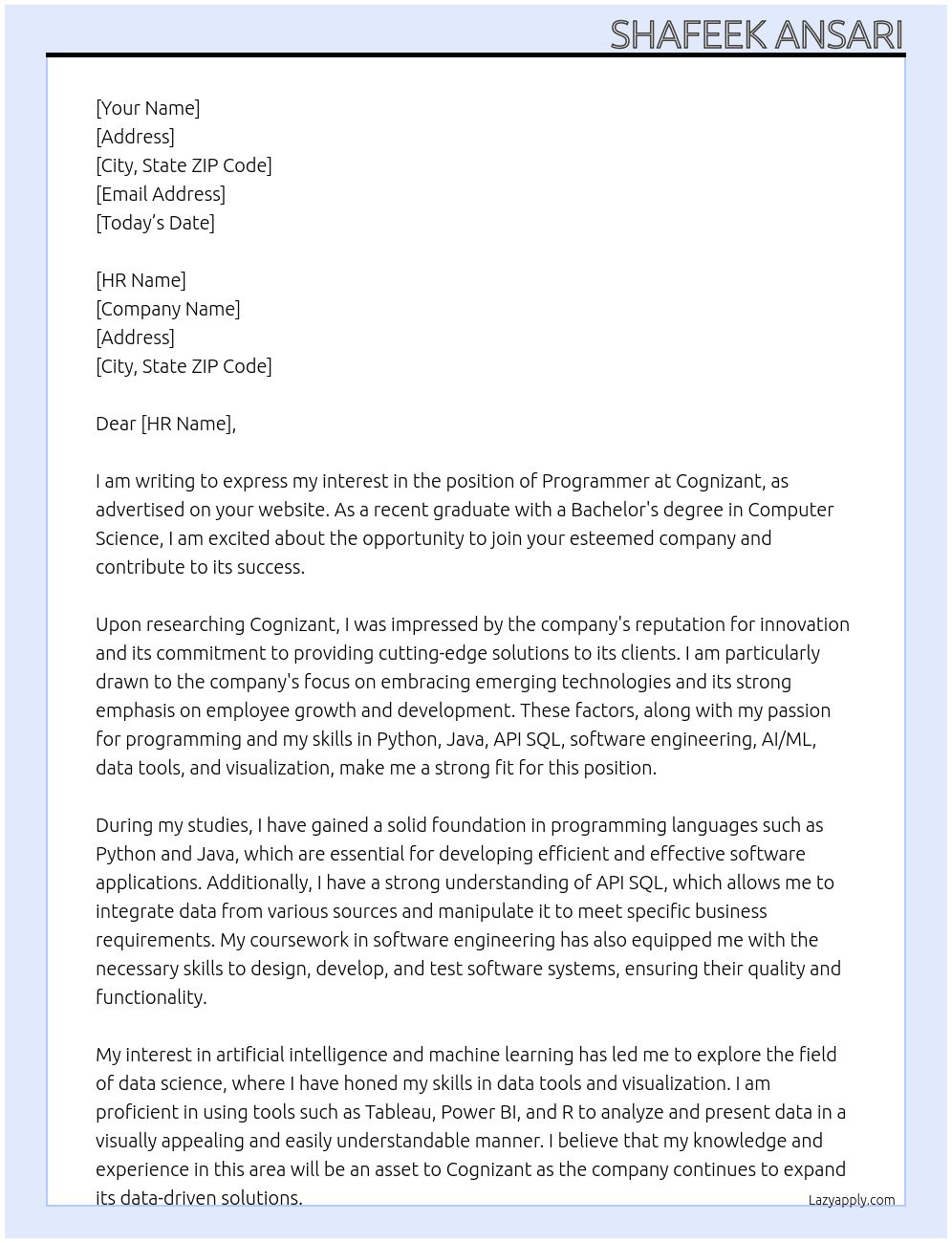 Cover letter for programmer[fresher] - LazyApply