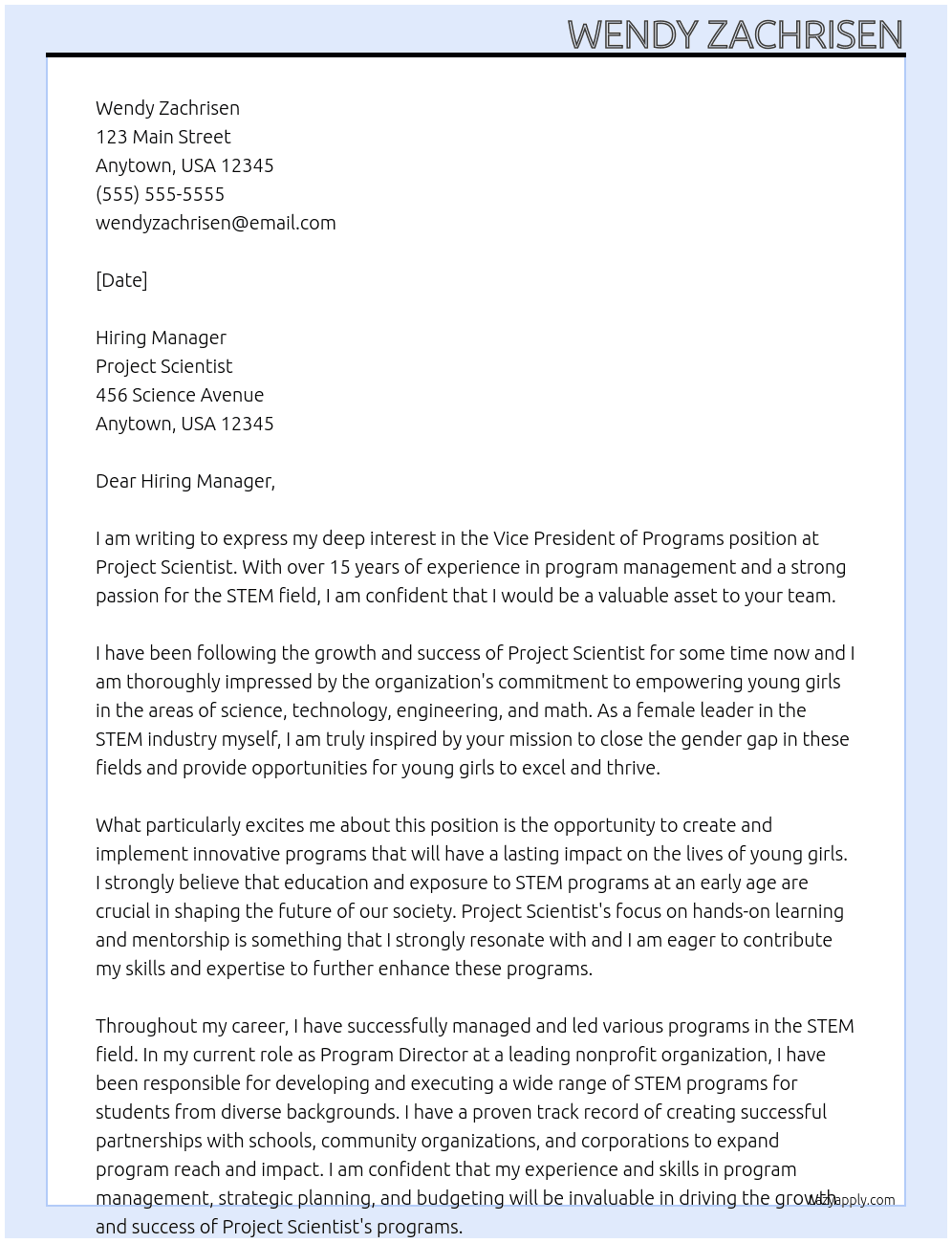 Vice President of Programs At Project Scientist Cover Letter