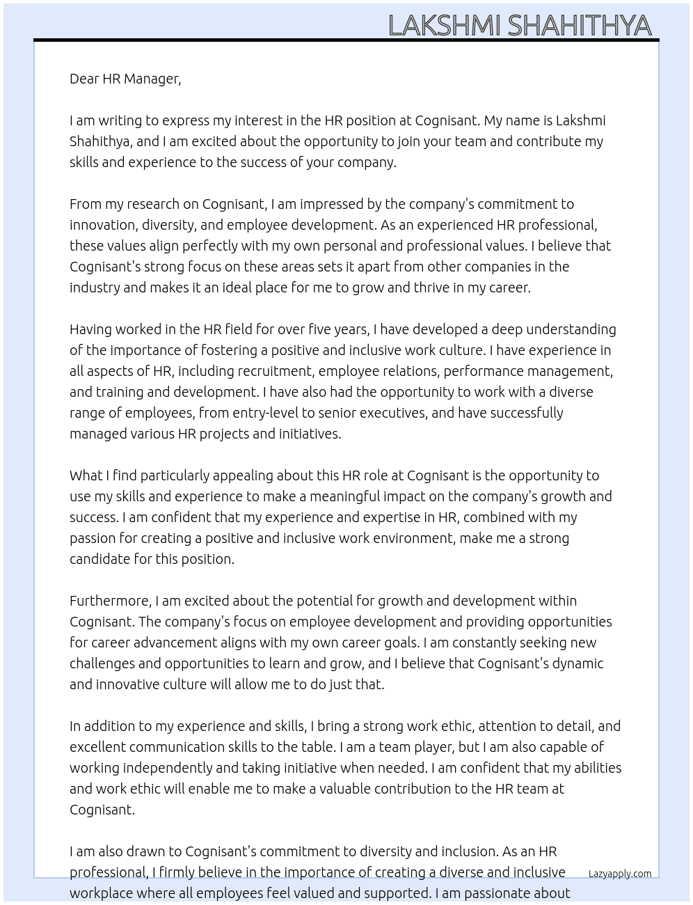 HR At Cognisant  Cover Letter