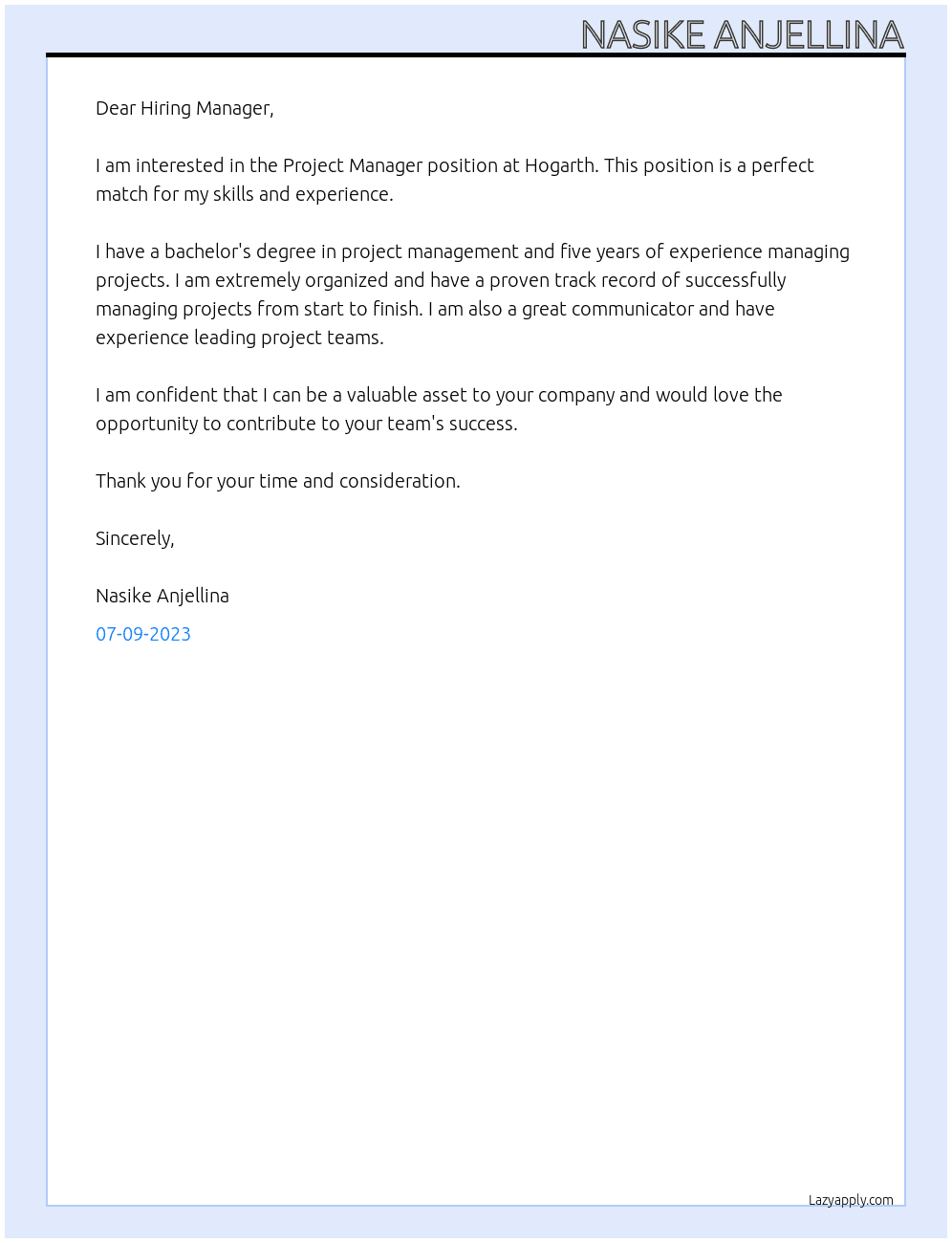 project manager At Hogarth Cover Letter