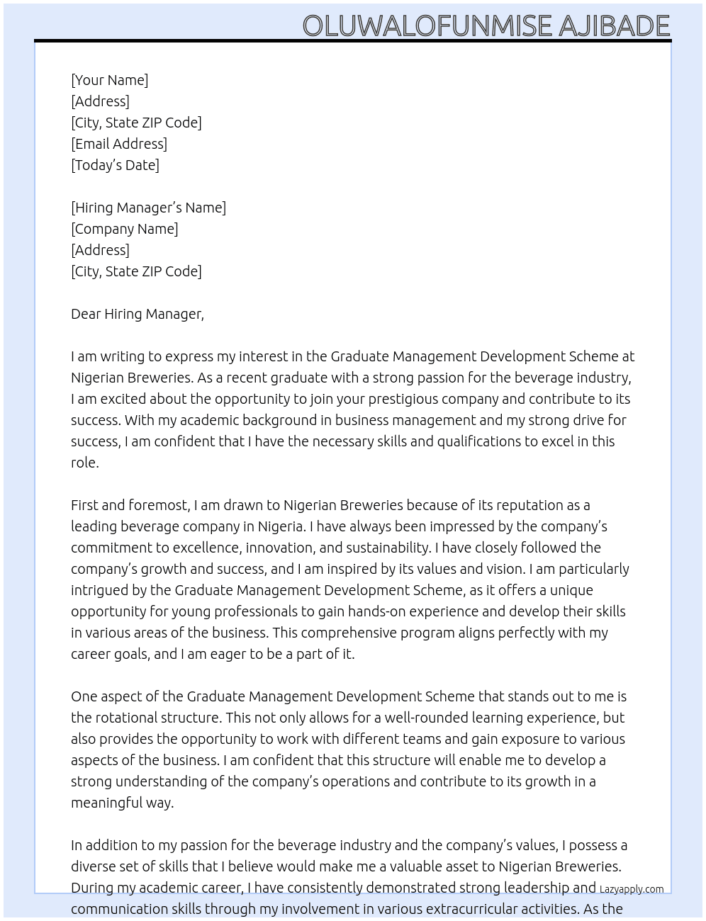 Graduate Management develoment Scheme At Nigerian Breweries Cover Letter