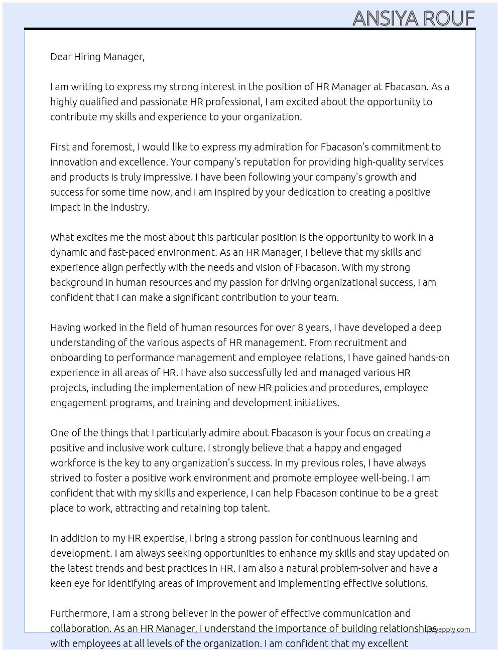 HR Manager At Fbacason Cover Letter