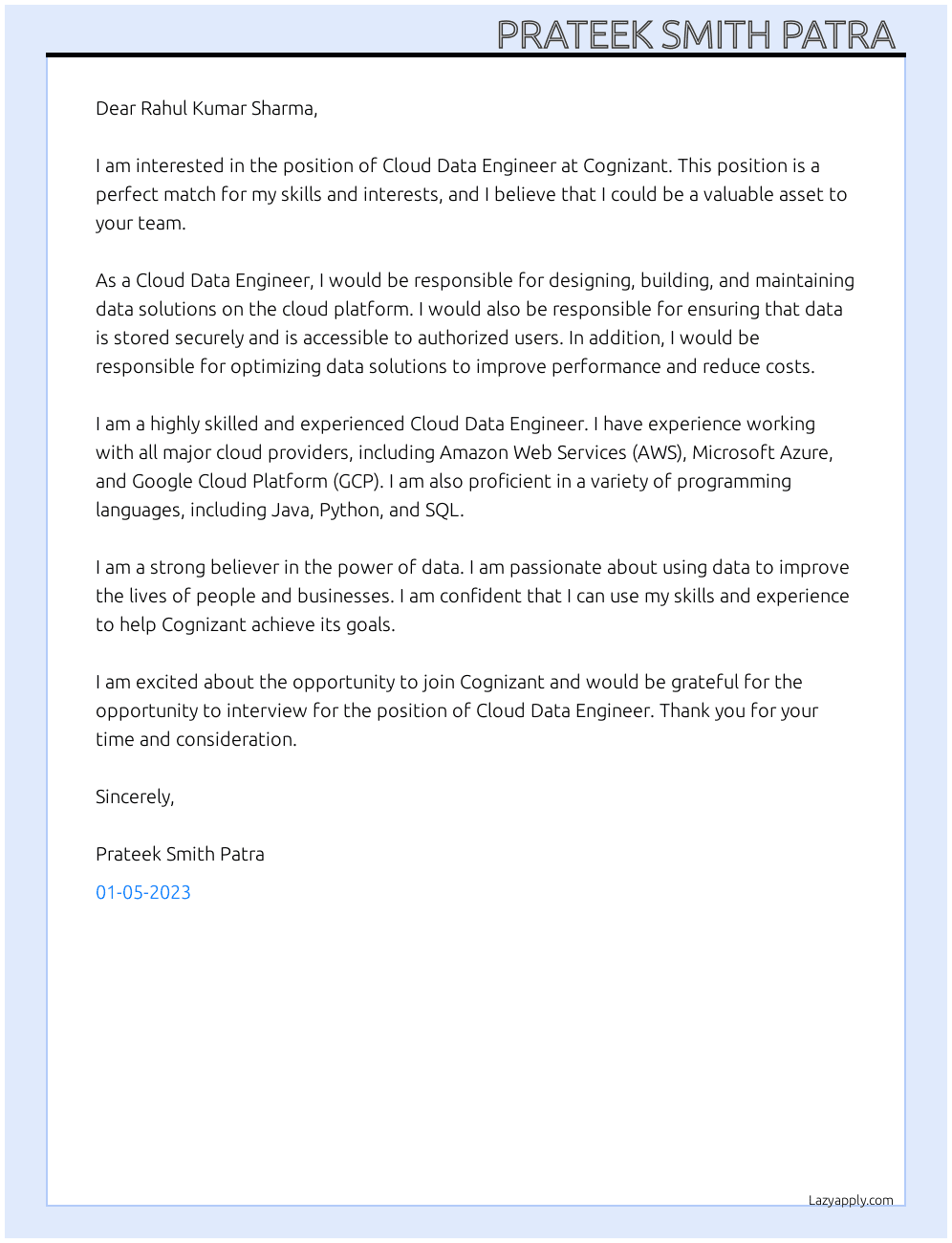 Cloud Data Engineer  At Cognizant  Cover Letter