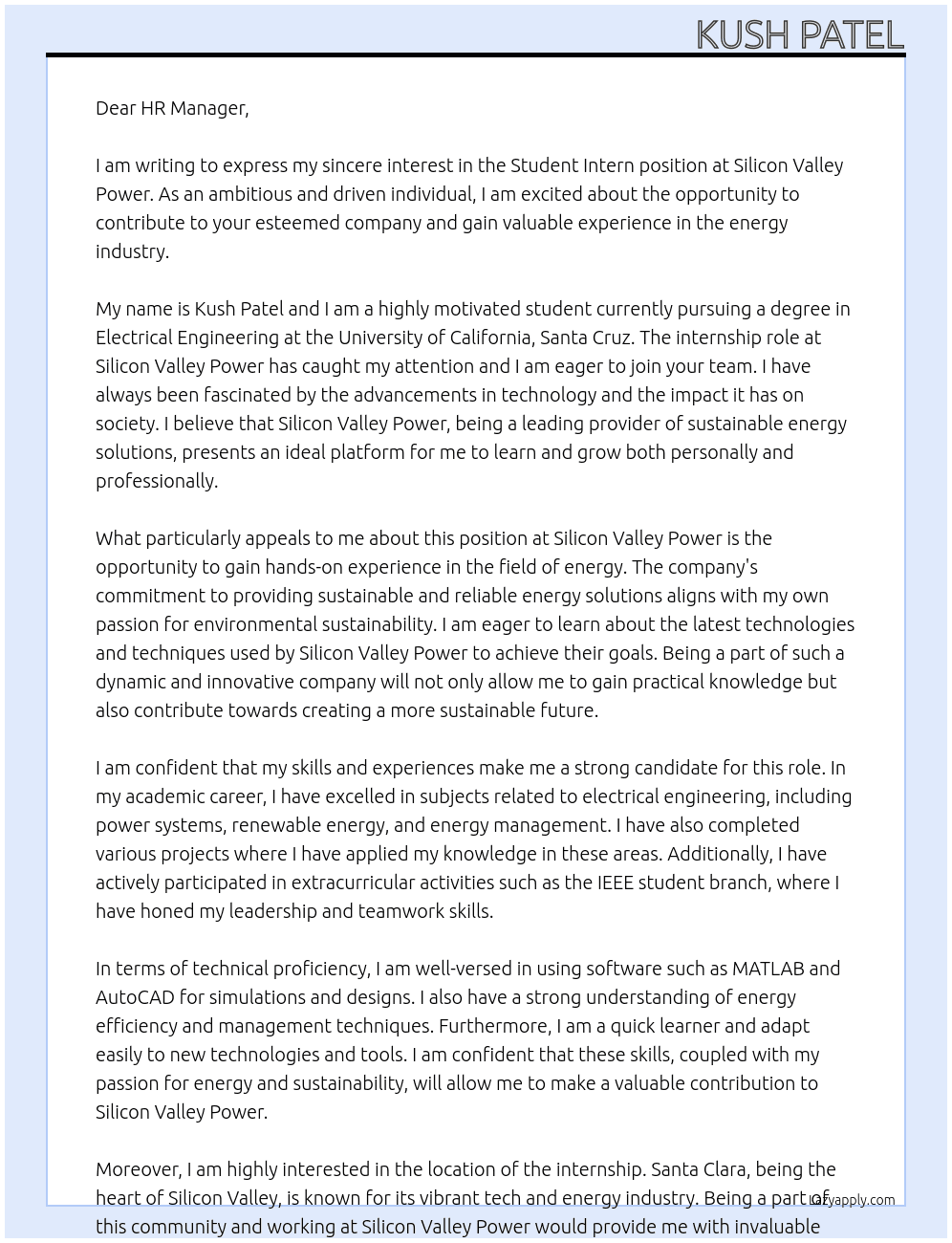 Student Intern At Silicon Valley Power Cover Letter