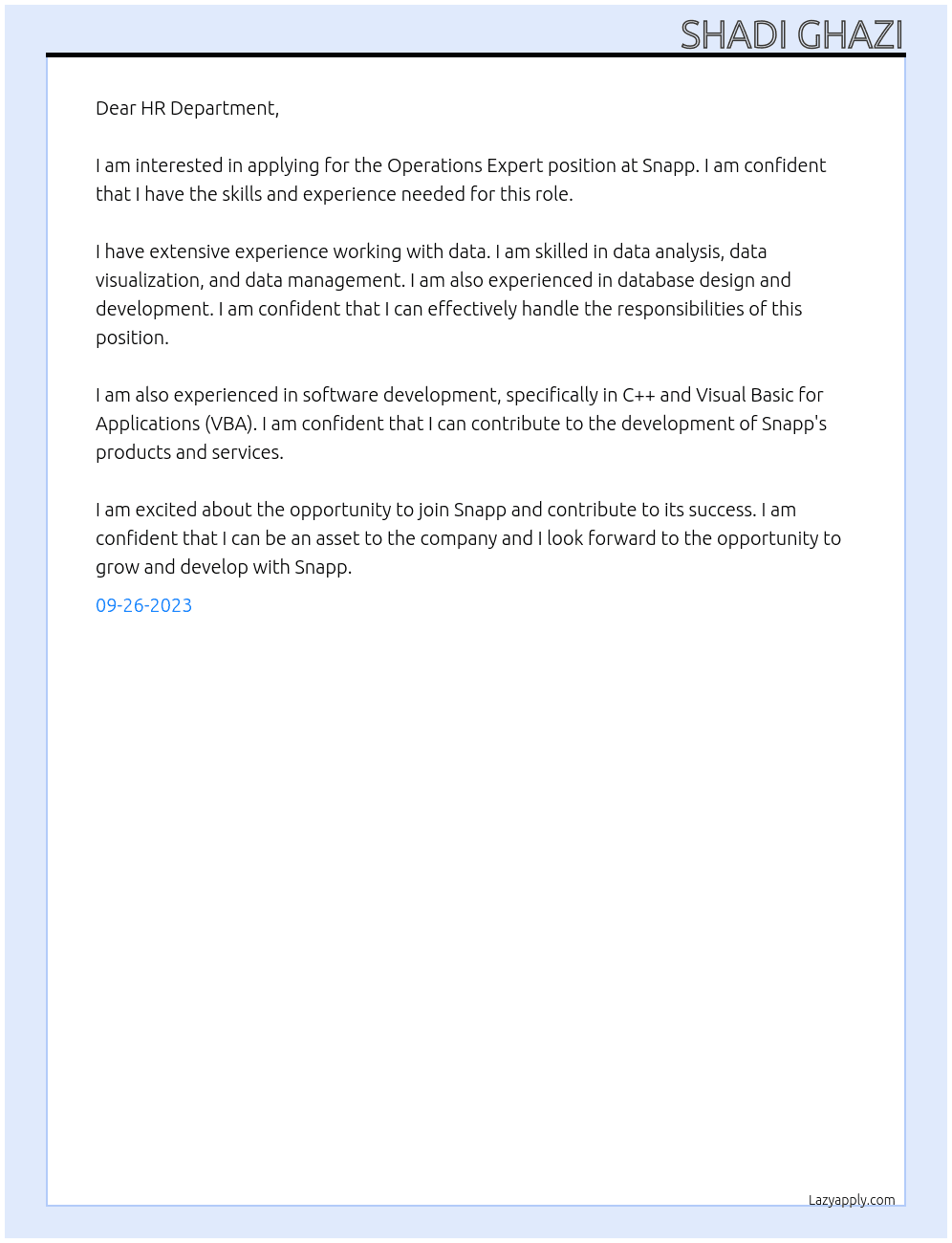 Operations Expert At snapp Cover Letter