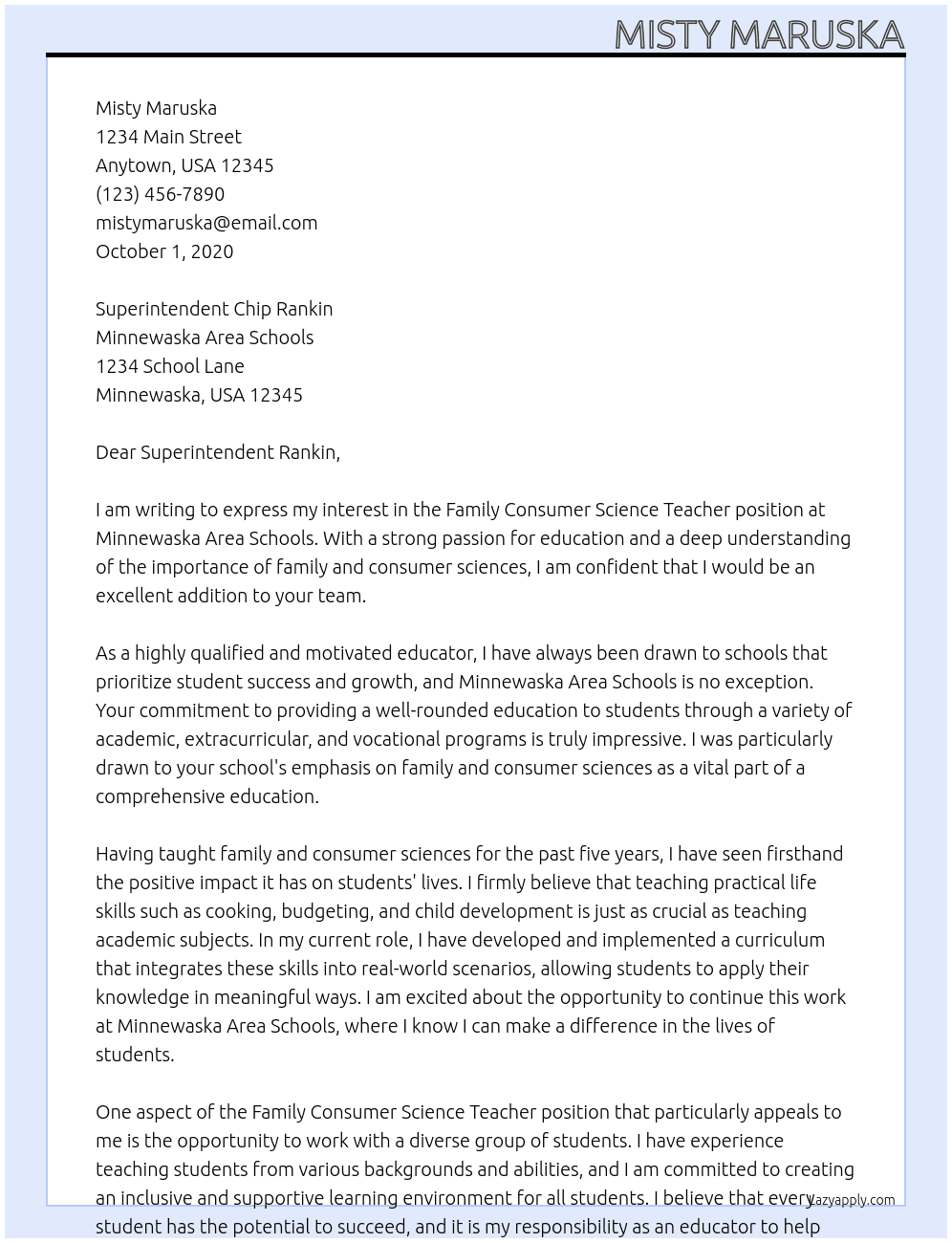 Family Consumer Science Teacher At Minnewaska Area Schools Cover Letter