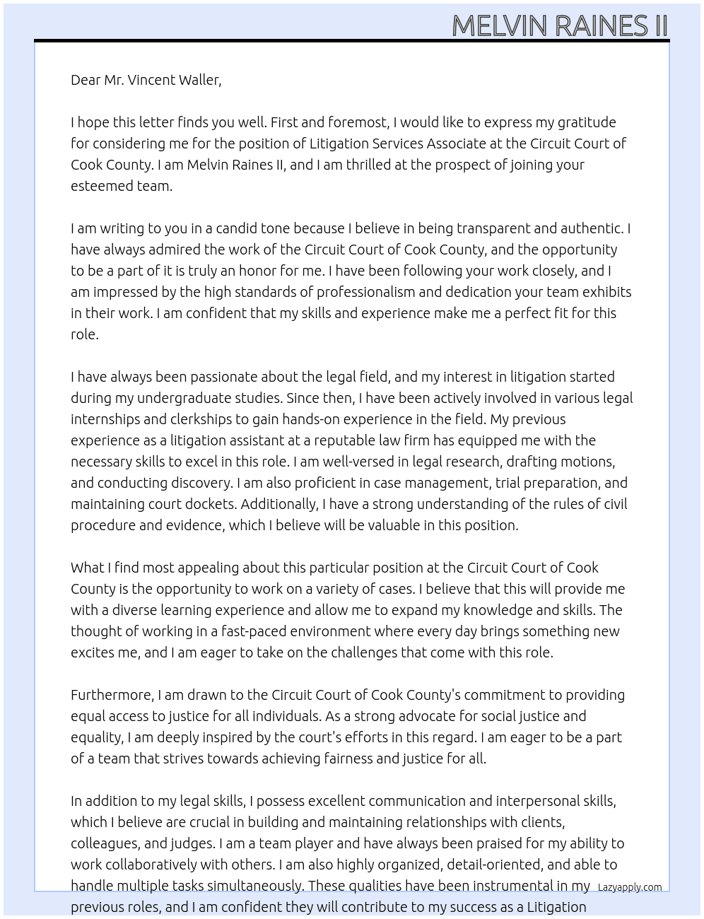 Litigation Services Associate  At Circuit Court of Cook County Cover Letter