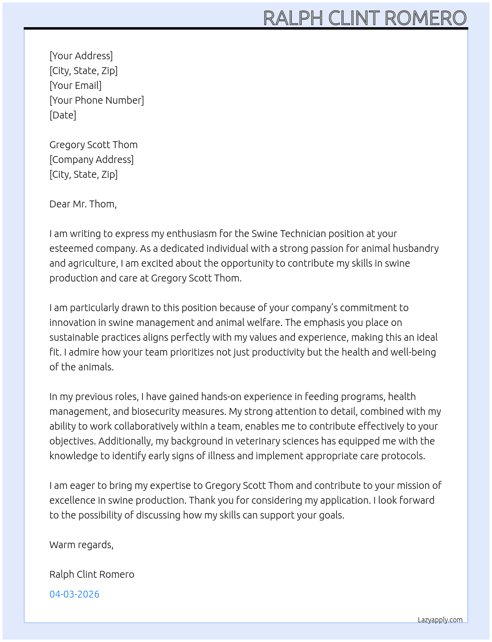 Cover letter for swine technician - LazyApply
