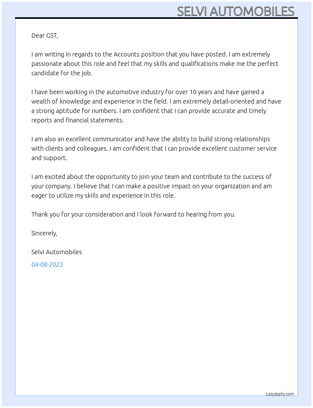 accounts  At gst Cover Letter