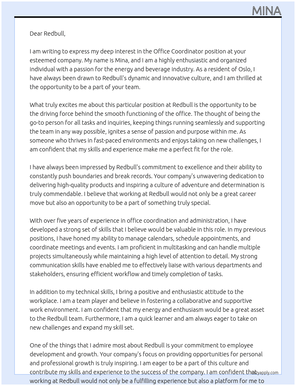 Office coordinator At Redbull Cover Letter