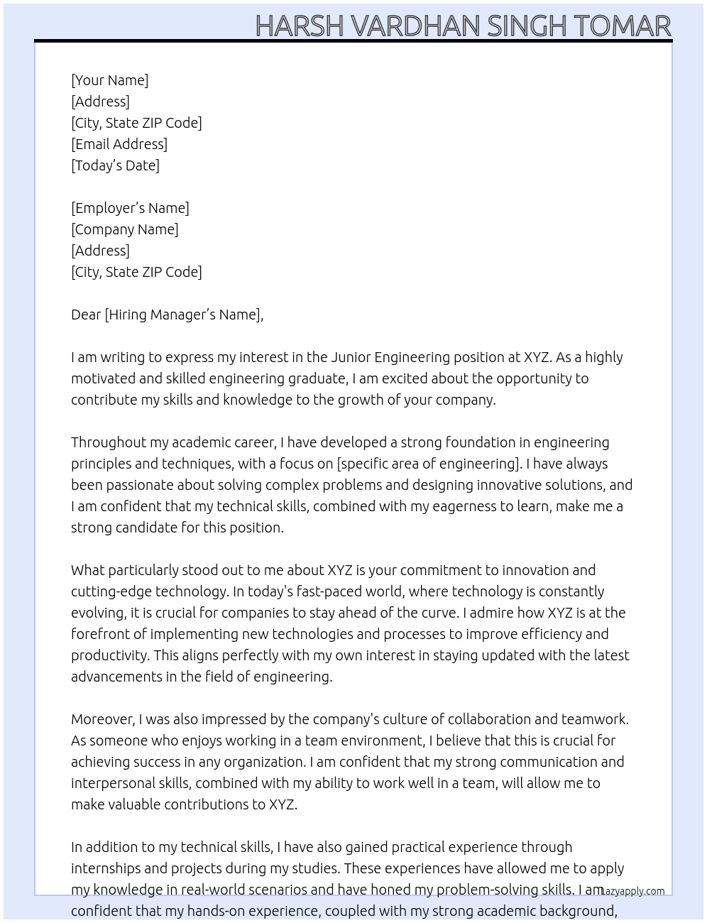 JUNIOR ENGINEERING At xyz  Cover Letter