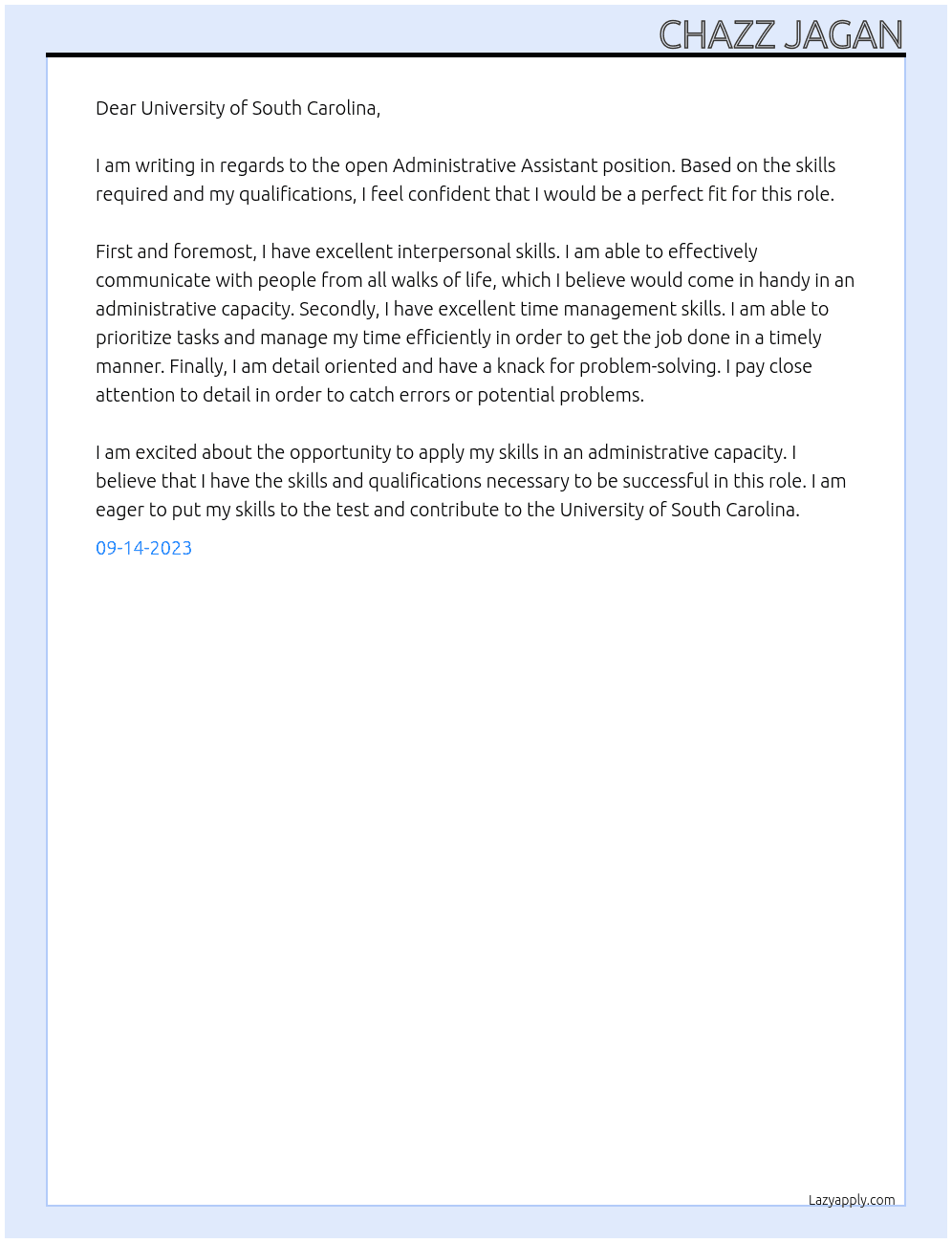 Administrative Assistant At University of South Carolina Cover Letter