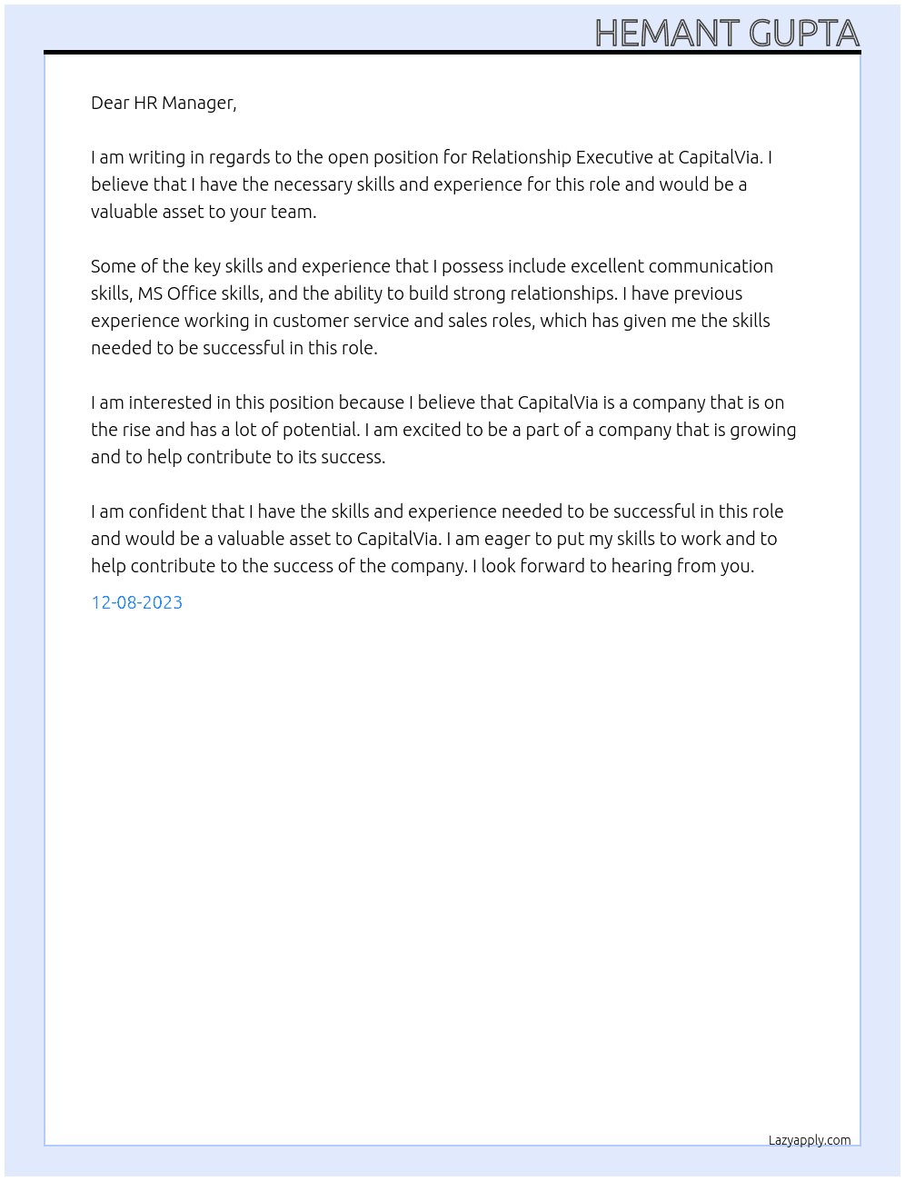 Relationship Executive At CapitalVia Cover Letter