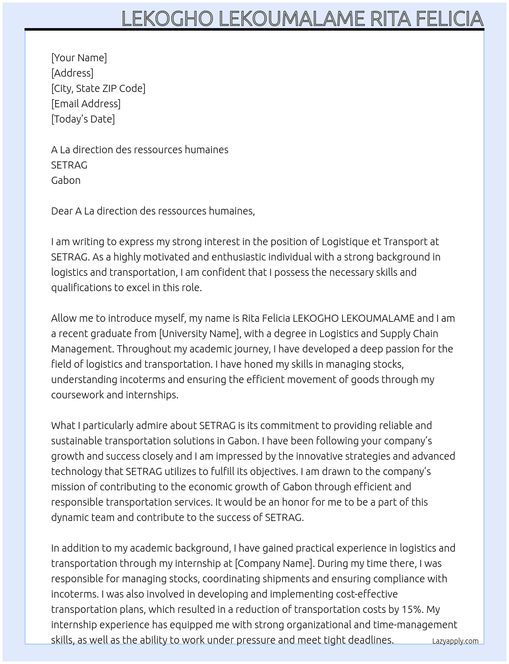 logistique et transport At SETRAG, Gabon Cover Letter