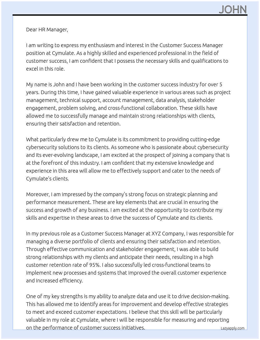 Customer Success Manager At Cymulate Cover Letter