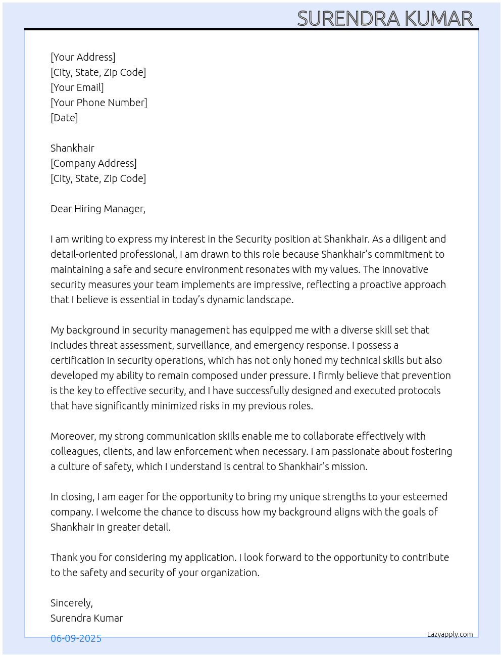 Security  At Shankhair  Cover Letter