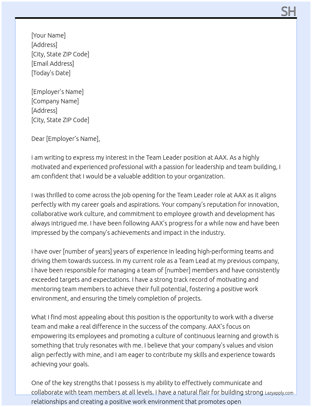 team leader At aax Cover Letter