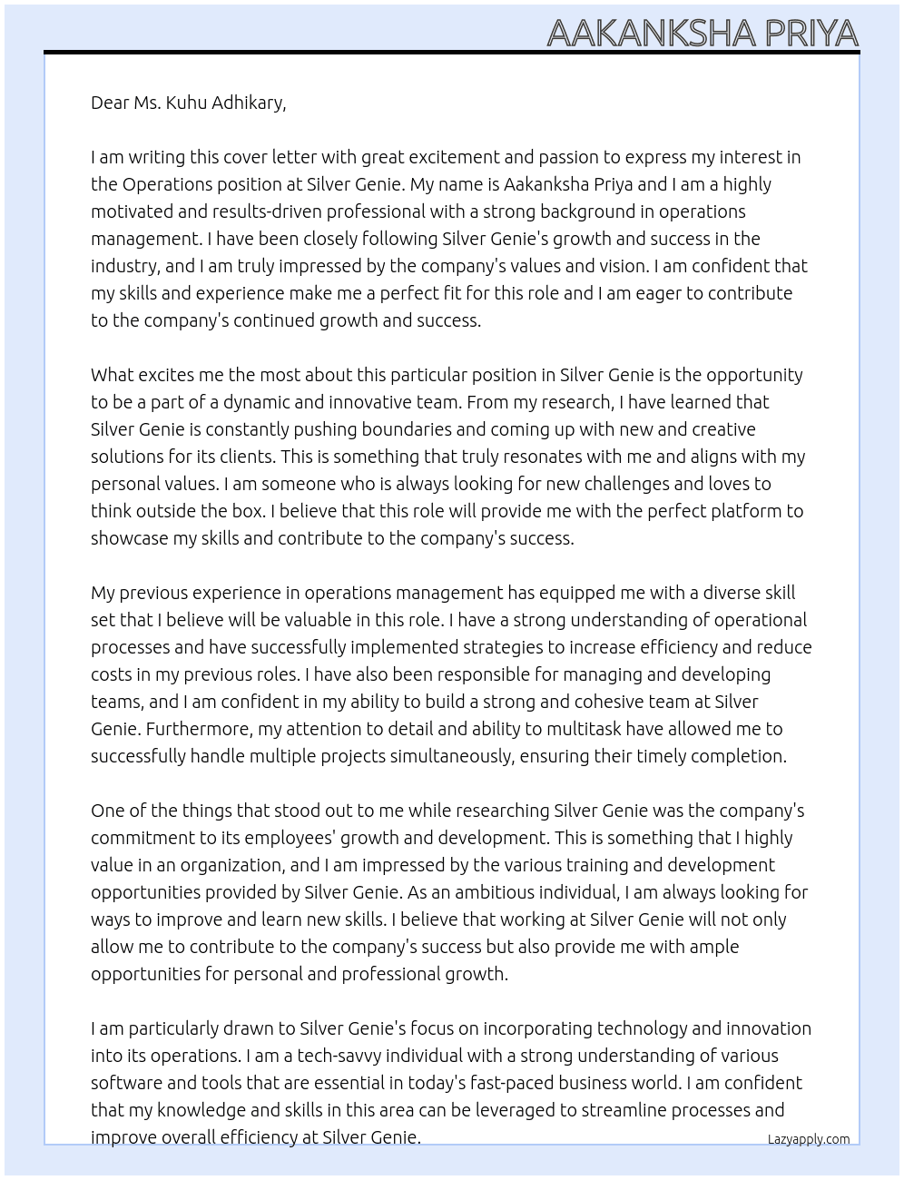 Operations At Silver Genie  Cover Letter