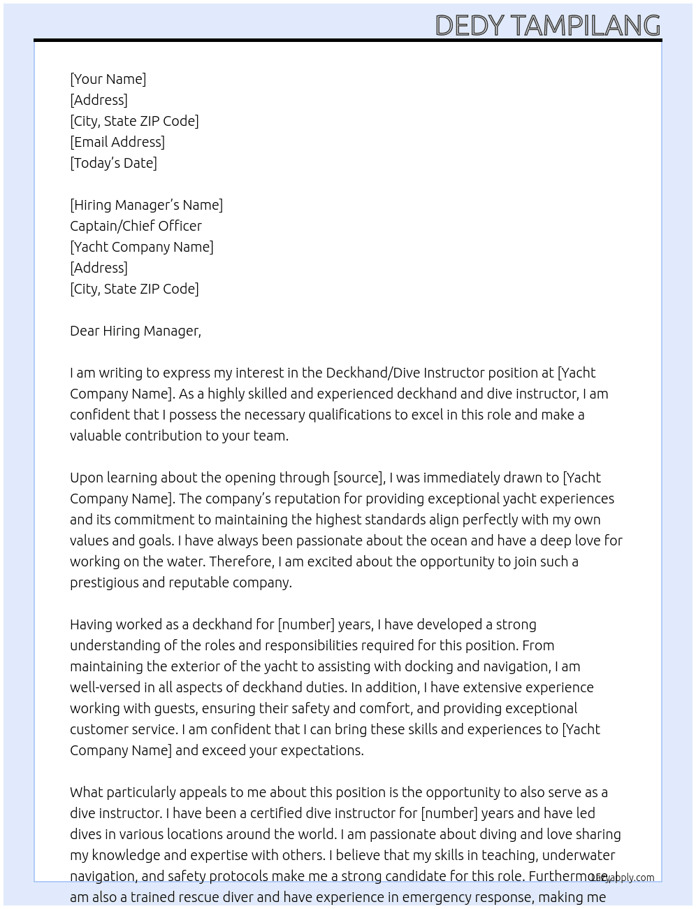 Deckhand / dive instructor At Yacht Cover Letter