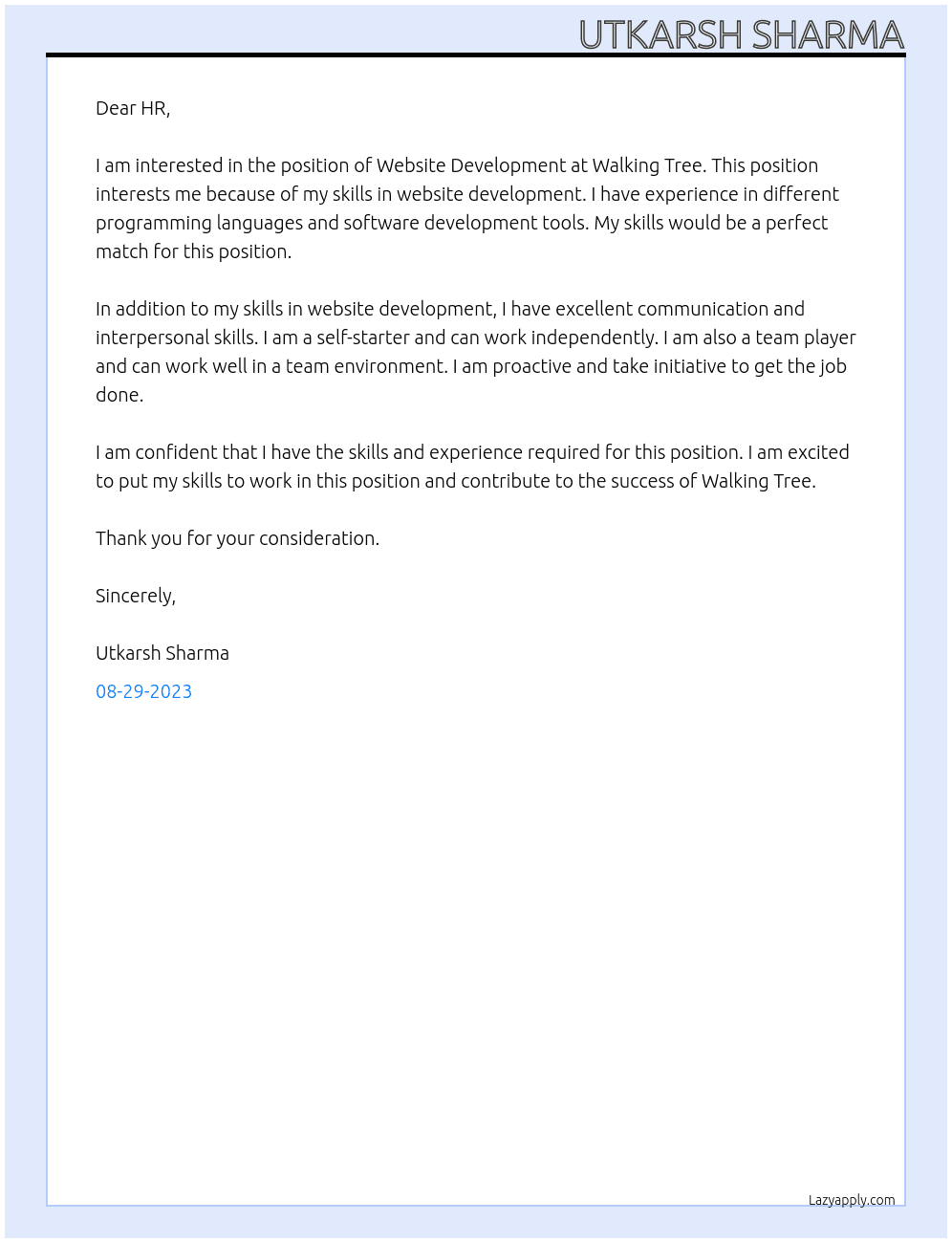 Website Development At Walking Tree Cover Letter