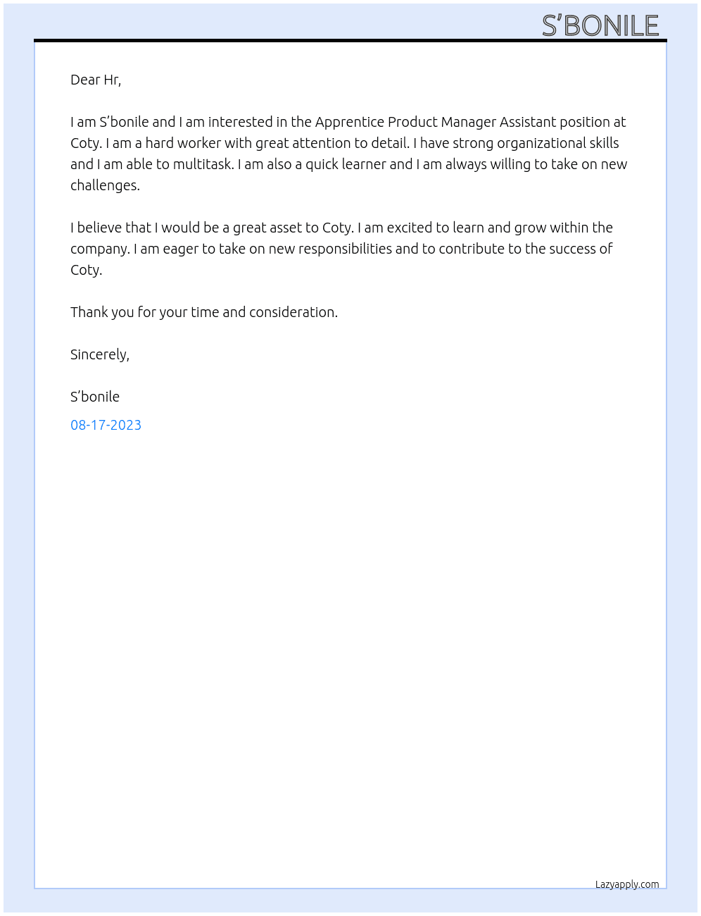 Apprentice Product Manager Assistant  At Coty  Cover Letter