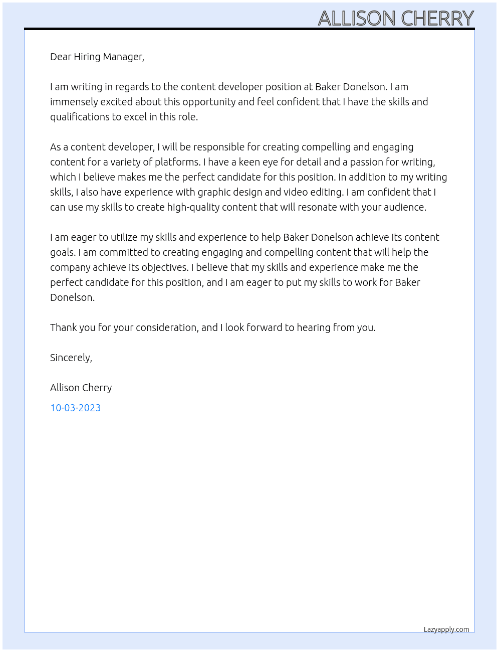content developer At Baker Donelson Cover Letter