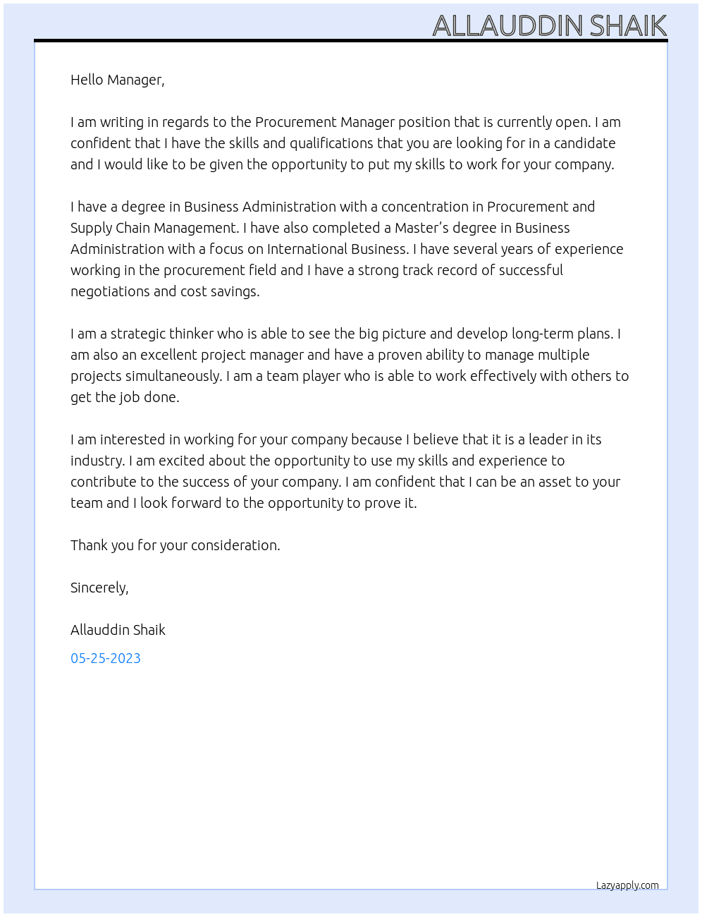 Procurement Manager At Any Cover Letter