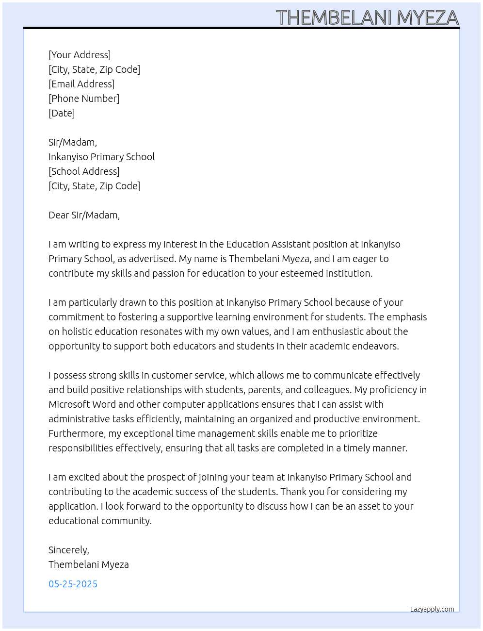 Education Assistant At Inkanyiso Primary School Cover Letter