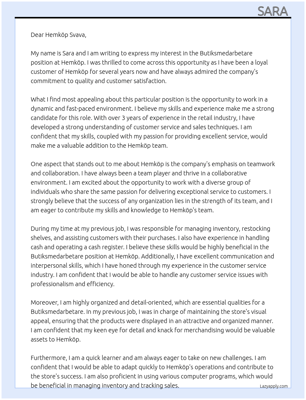 Butiksmedarbetare At Hemköp Cover Letter