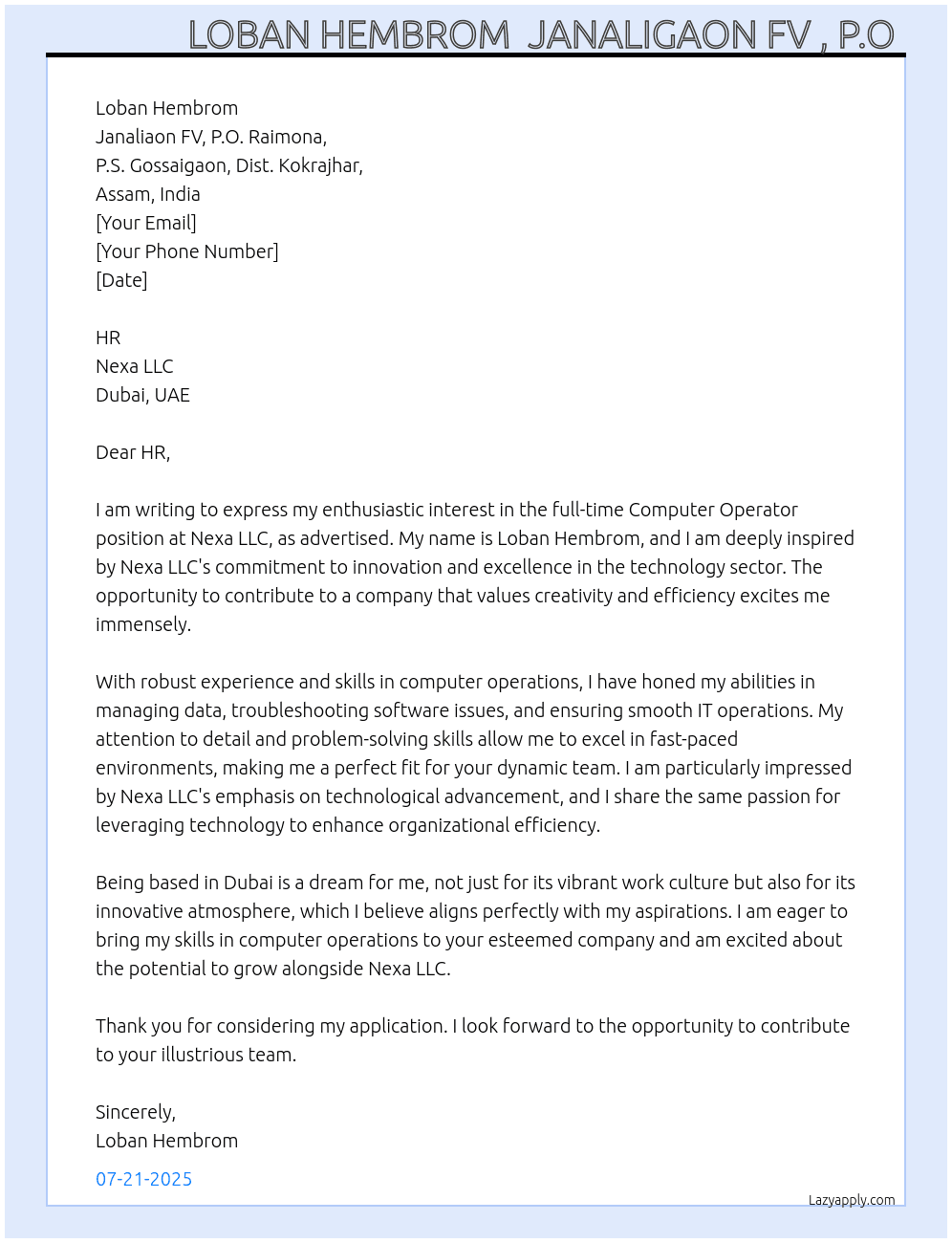 Computer Operator  At Nexa LLC  Dubai UAE  Cover Letter