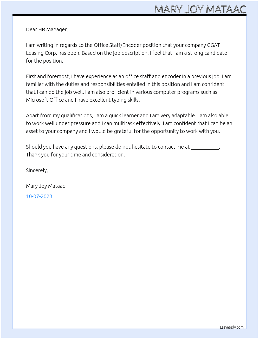 Office Staff/Encoder At GGAT Leasing Corp. Cover Letter
