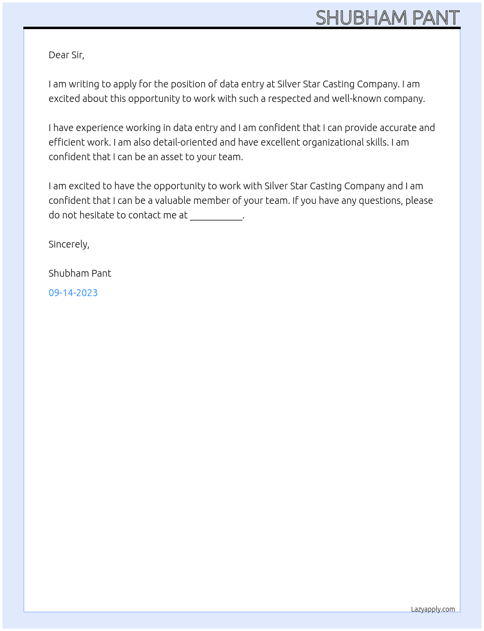 data entry At silver star casting company Cover Letter
