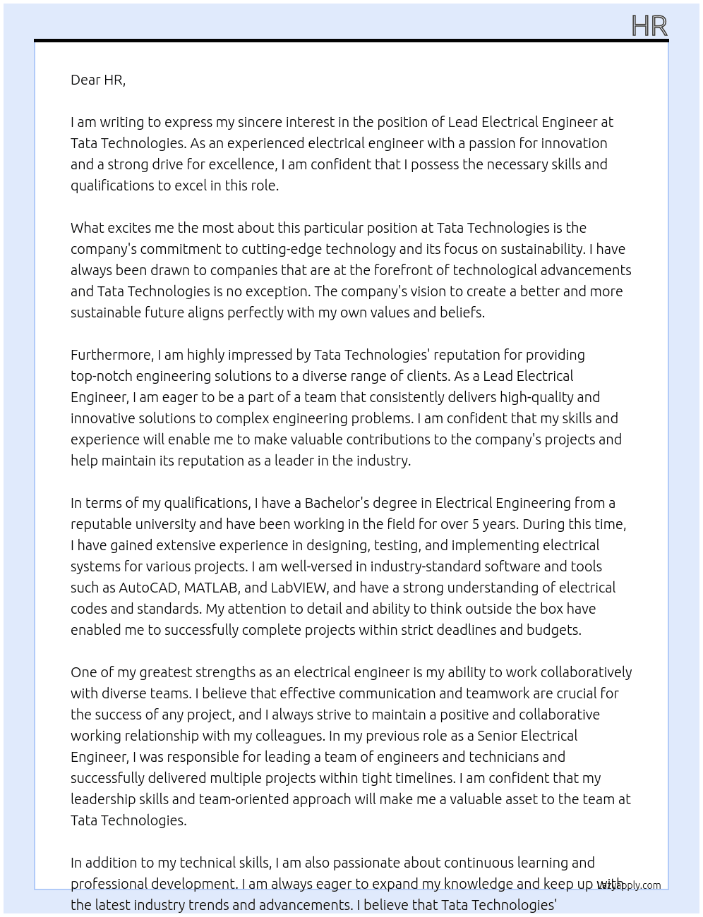 LEAD ELECTRICAL ENGINEER  At Tata technologies  Cover Letter