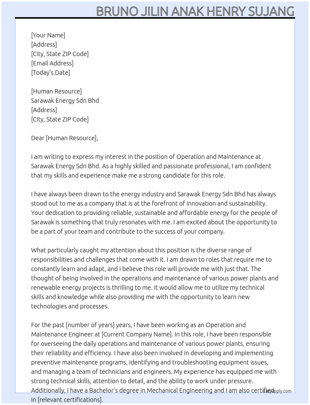 Operation and maintenance At Sarawak Energy Sdn Bhd Cover Letter