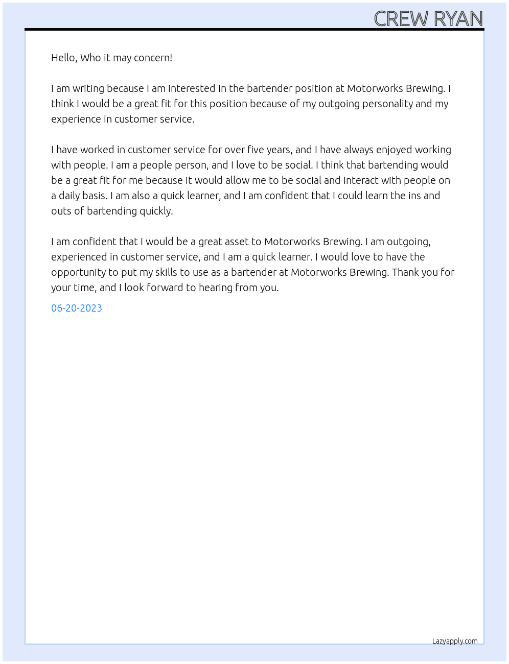 Bartender At motorworks brewing Cover Letter