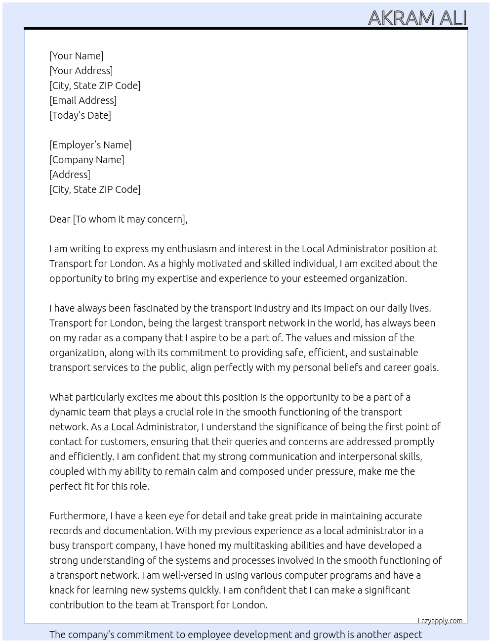 Local Administrator At Transport for London Cover Letter