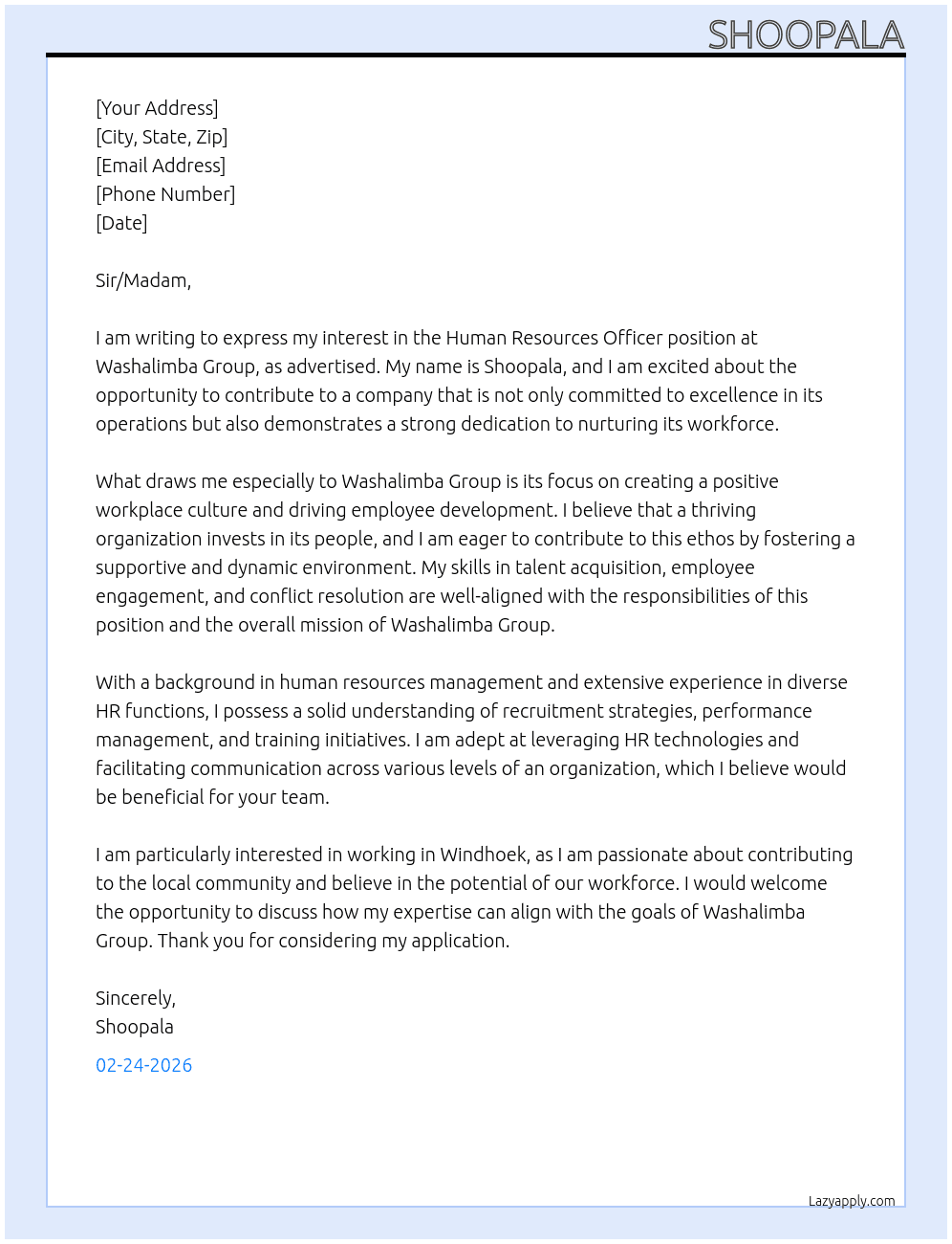 Human Resources Officer At Washalimba Group Cover Letter