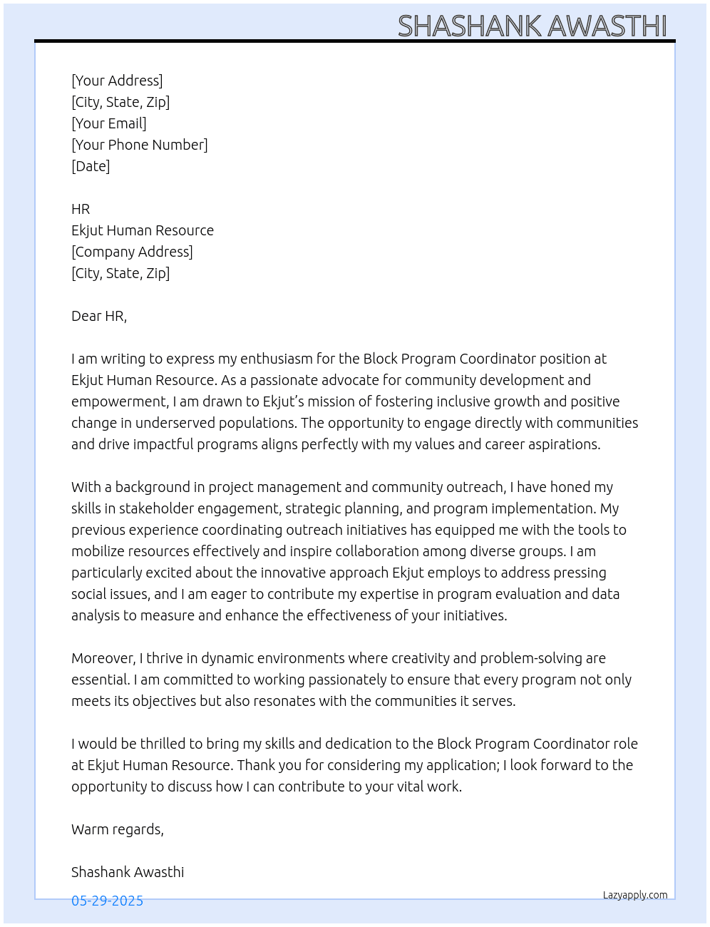 Block program coordinator  At Ekjut human resource  Cover Letter