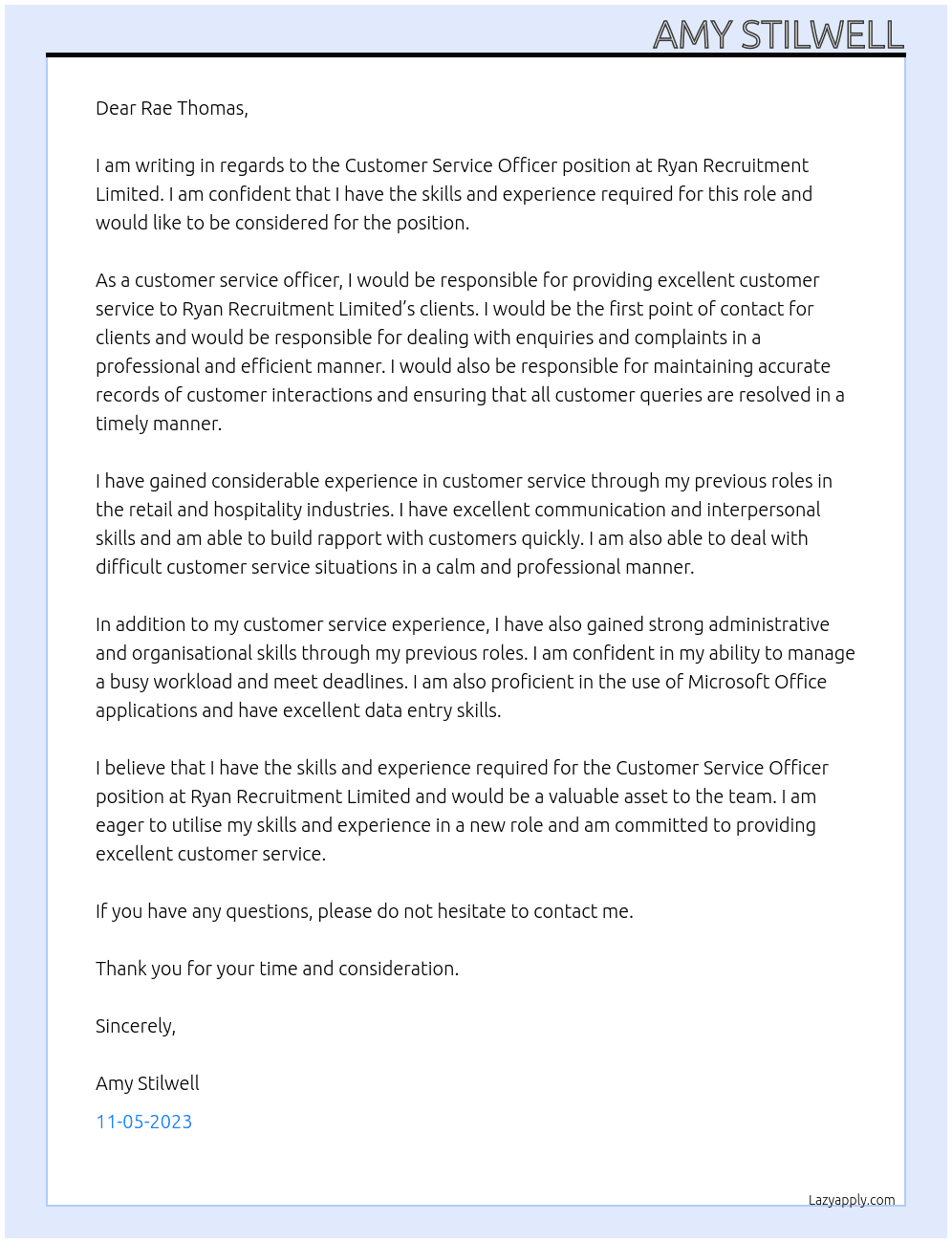 Customer Service Officer At Ryan Recruitment Limited Cover Letter