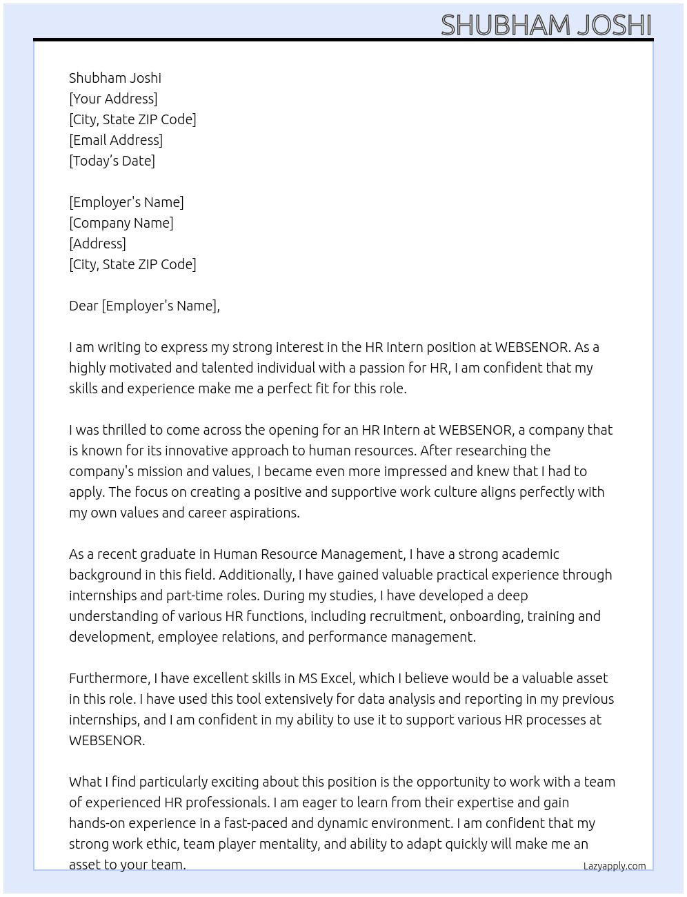 HR INETRN At WEBSENOR Cover Letter