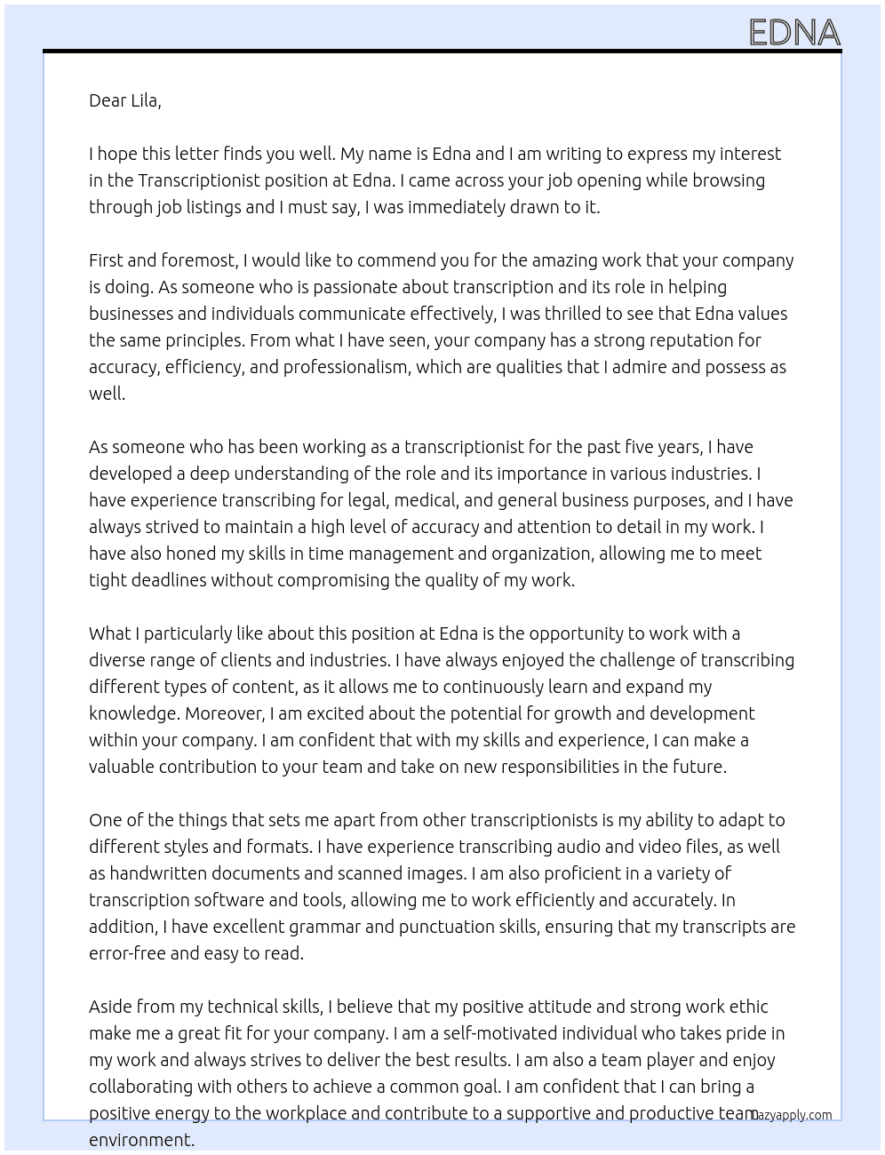 transcriptionist At edna Cover Letter