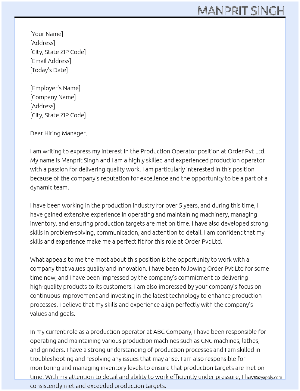 Production operator At Order pvt ltd Cover Letter